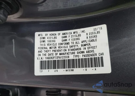 2015 Honda Accord Ex из США, поврежденный, VIN 1HGCR2F72FA122009